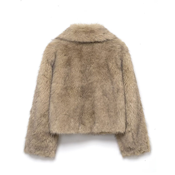 Women Short Cut Faux Fur Coat with Wide Lapel Collar Mune Fashion