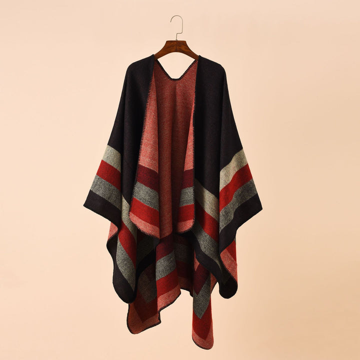 Women's wool-look poncho with asymmetrical block stripes and decorative stitch edge Mune Fashion