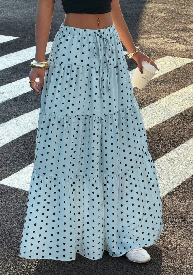 Women Striped Maxi Skirt with Elastic Waistband and Polka Dot Pattern Mune Fashion