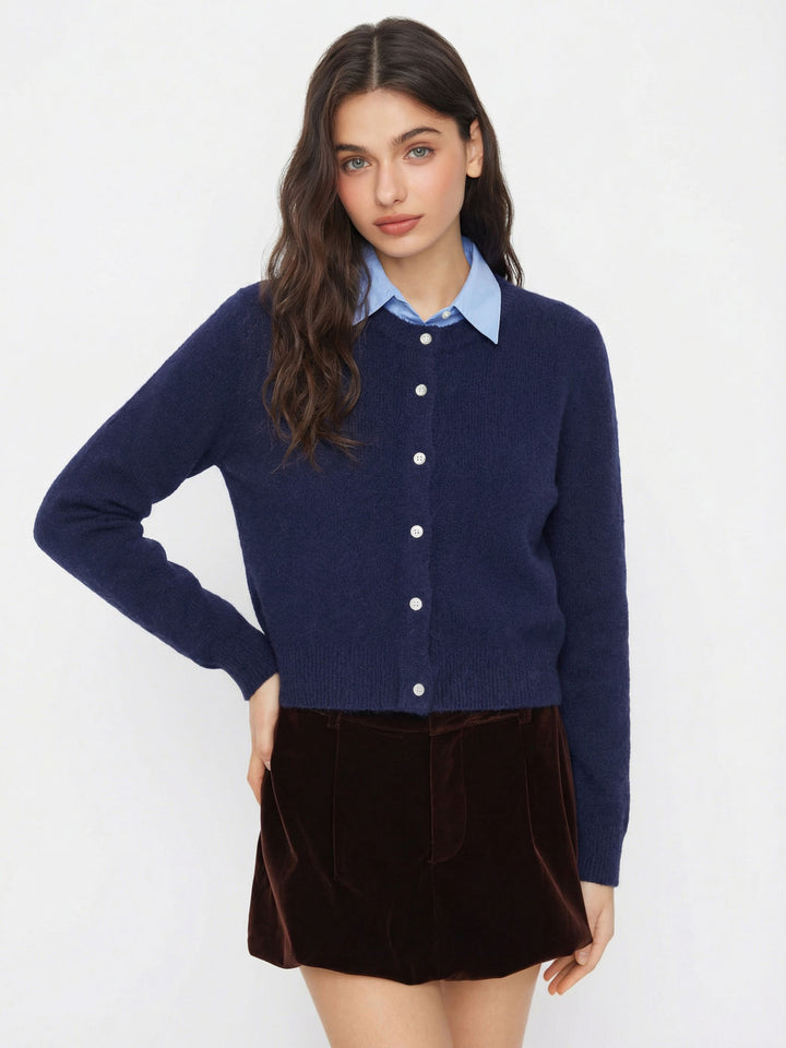 Women's Elegant Short Sweater with Shirt Collar Mune Fashion