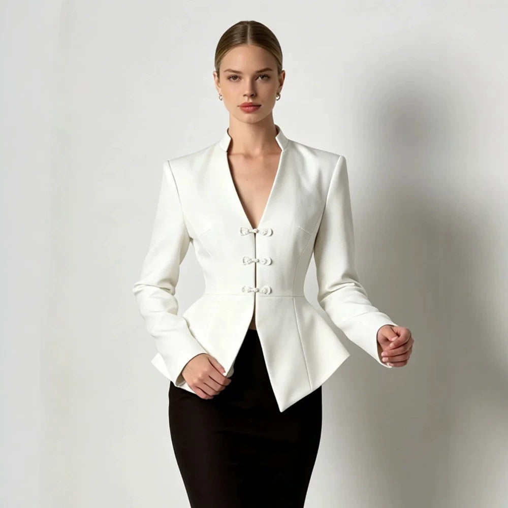 Women's Tailored Peplum Blazer with Mandarin Collar and Decorative Knot Fastenings Mune Fashion