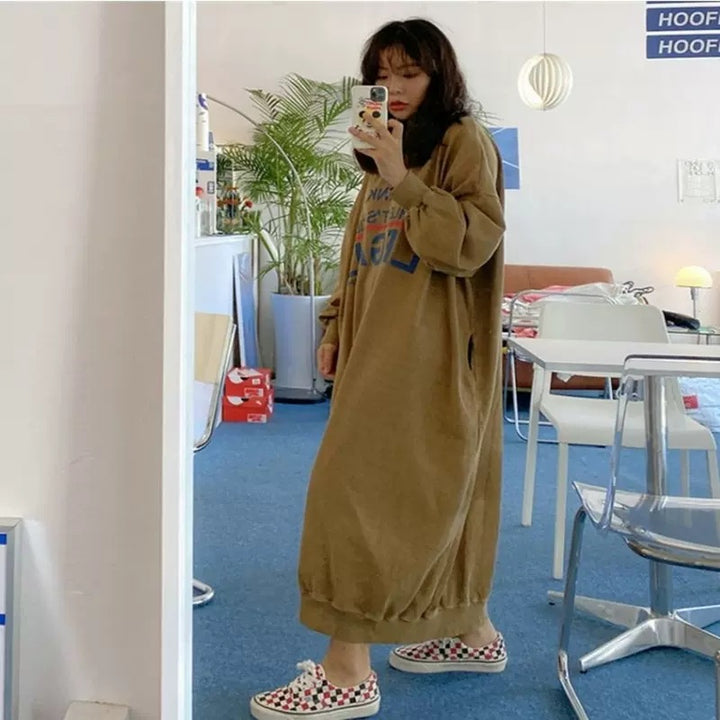 Women Oversized Sweat Dress with Balloon Sleeves and Ribbed Hem Mune Fashion