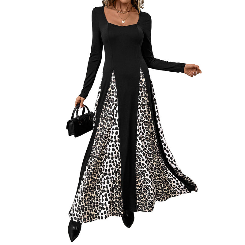 Women's maxi dress with inserted animal print panels and square neckline Mune Fashion