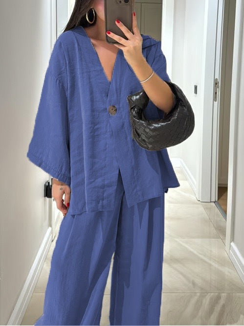Women nan loose linen look two-piece with kimono blazer and wide palazzo pants Mune Fashion