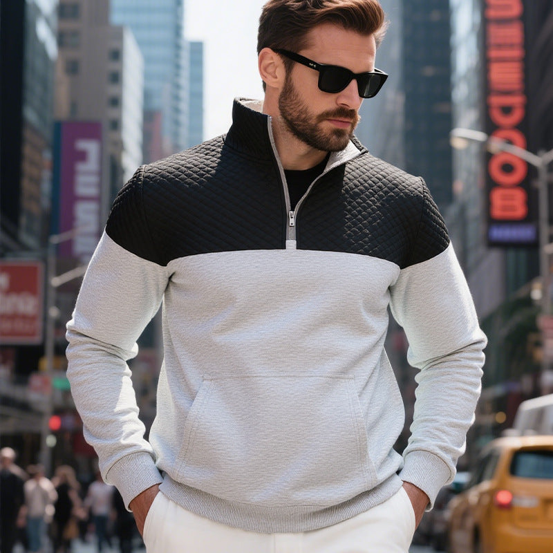 Men's quilted half-zip sweater with kangaroo pocket and stand-up collar Mune Fashion