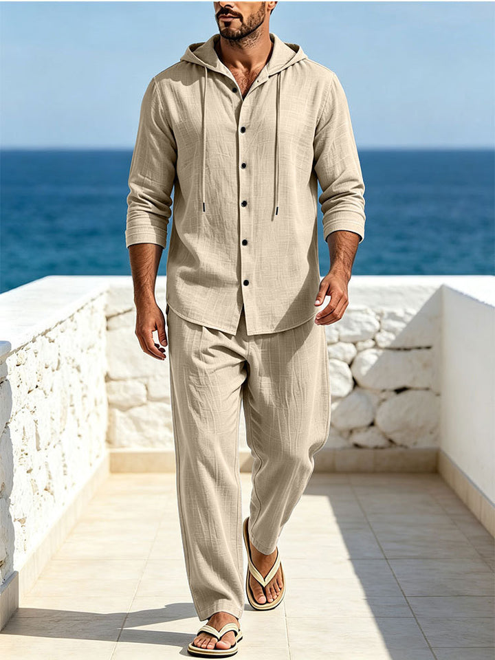 Men's Breathable Cotton Gauze Loungewear Set with Hooded Shirt and Loose Summer Pants Mune Fashion