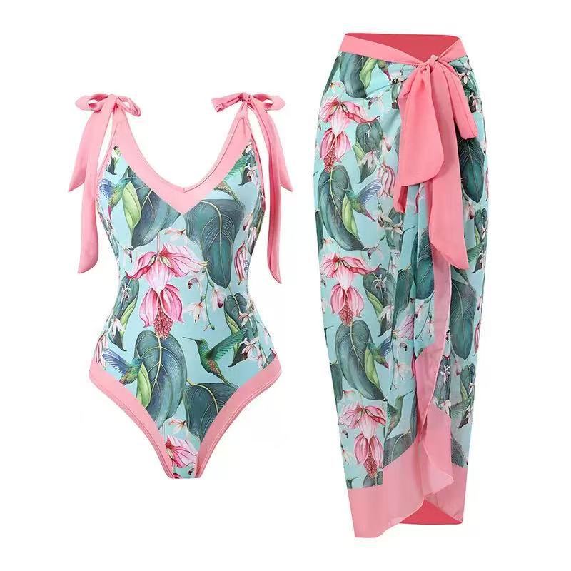 Women's swimsuit with floral design and transparent wrap skirt Mune Fashion
