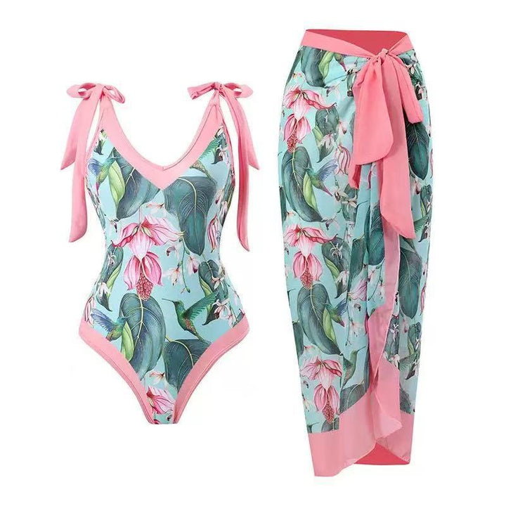 Women's swimsuit with floral design and transparent wrap skirt Mune Fashion