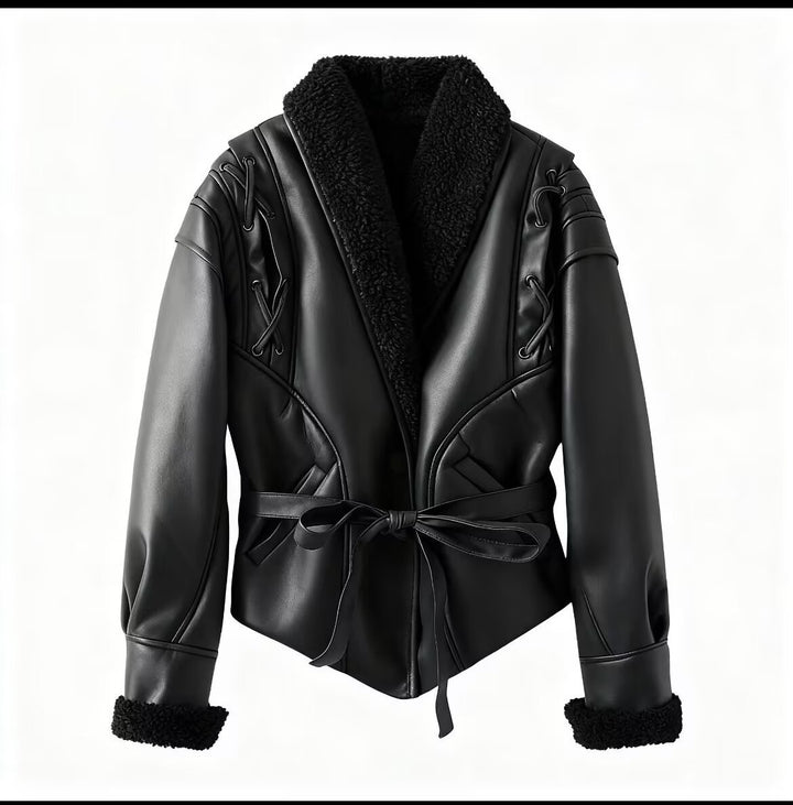 Women's Short Faux Leather Jacket with Teddy Lining, Shawl Collar and Waist Belt Mune Fashion