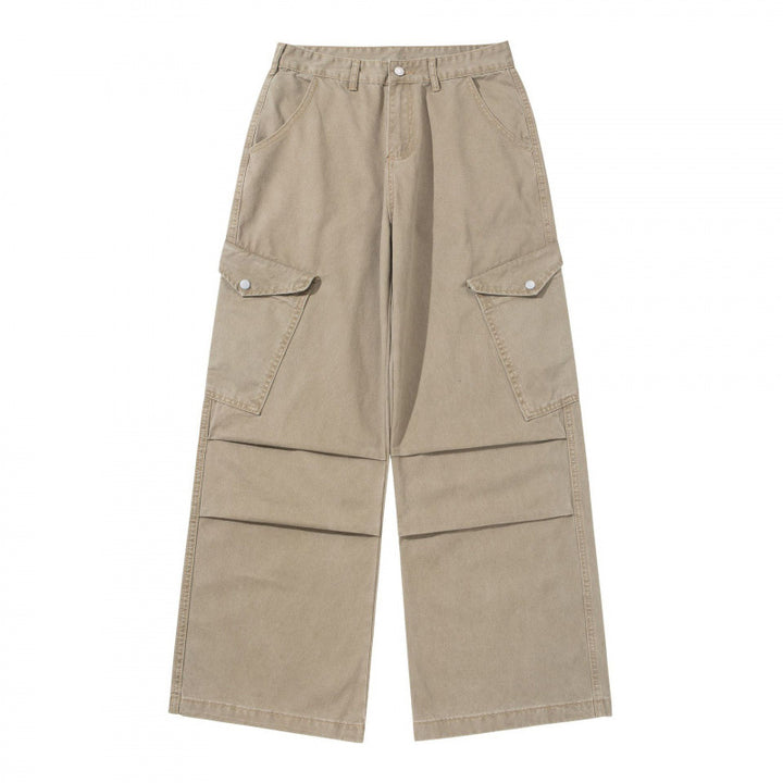 Ladies wide utility cargo pants made of sturdy canvas with a high waist and knee pleats Mune Fashion