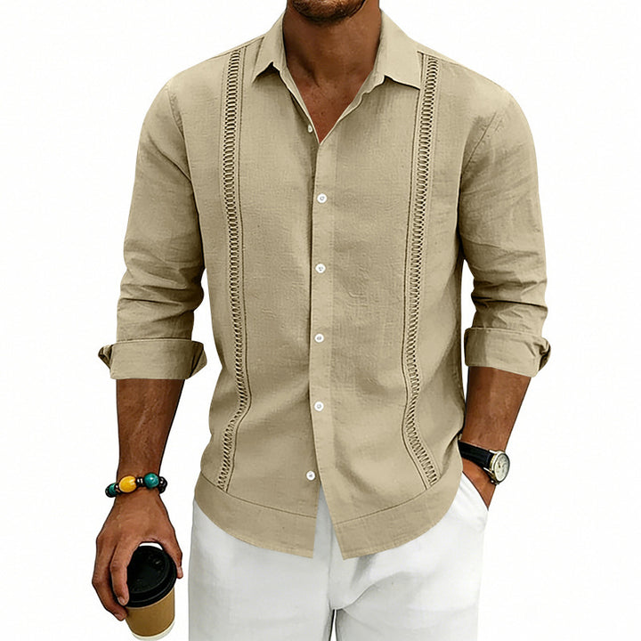 Men's Lightweight Cotton Long Sleeve Shirt with Decorative Stitches and Kent Collar Mune Fashion