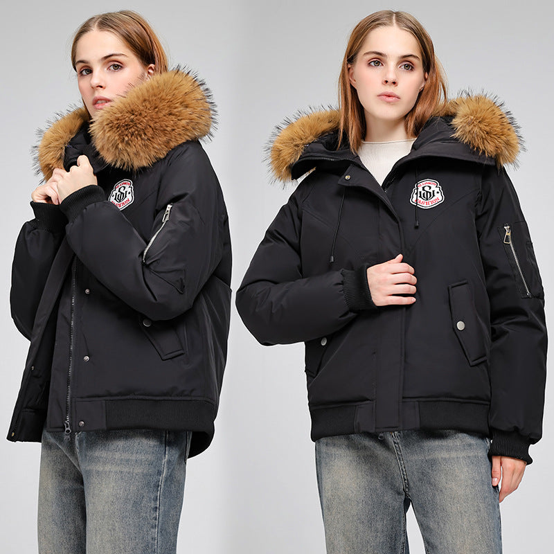 Women's short bomber-style parka jacket with removable fur hood and logo patch Mune Fashion