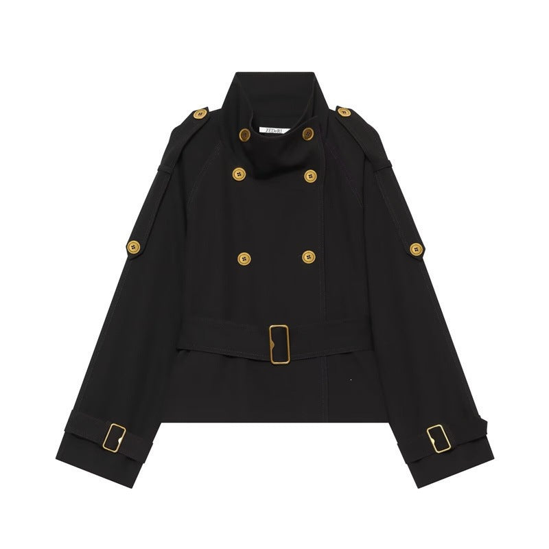 Women's Short Double-Breasted Trench Coat with Waistbelt, Epaulettes and Gold-Colored Details Mune Fashion