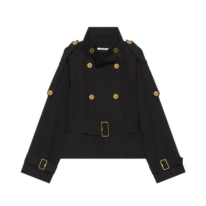 Women's Short Double-Breasted Trench Coat with Waistbelt, Epaulettes and Gold-Colored Details Mune Fashion