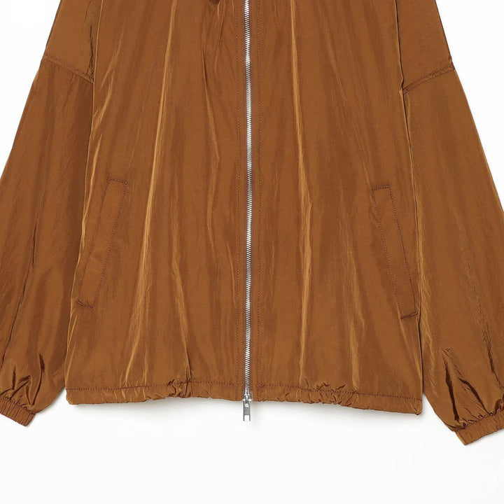 Women's Lightweight Hooded Wind Jacket made of Shiny Nylon with Drawstring and Two-Way Zipper Mune Fashion