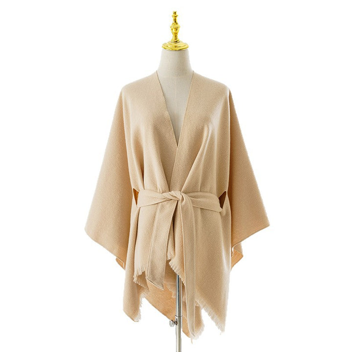 Women's Wrap Poncho with Tie Belt, V-Neck and Fringed Hem Mune Fashion
