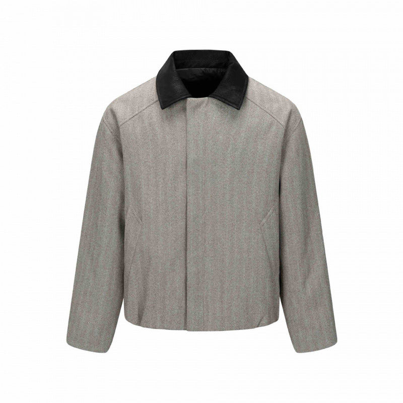 Men's short jacket in herringbone wool blend with leather collar and concealed closure Mune Fashion
