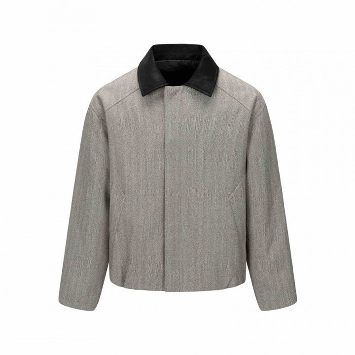 Men's short jacket in herringbone wool blend with leather collar and concealed closure Mune Fashion