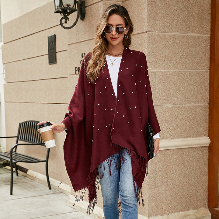 Women Cashmere-look Throw Poncho with Bead Application Mune Fashion