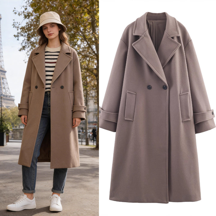 Women Oversized Wool Blend Coat with Double-Breasted Closure, Wide Lapels and Sleeve Tabs Mune Fashion