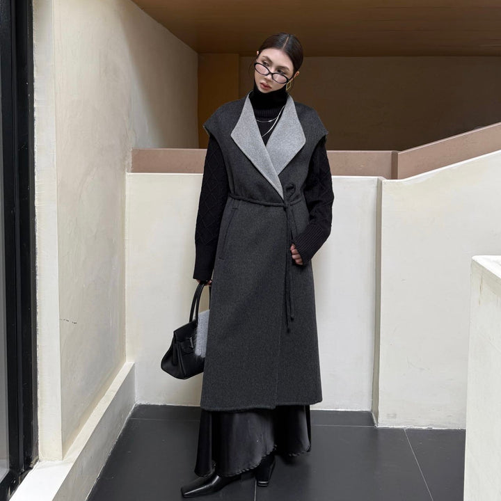 Women Maximal sleeveless wool coat with shawl collar and tie belt Mune Fashion