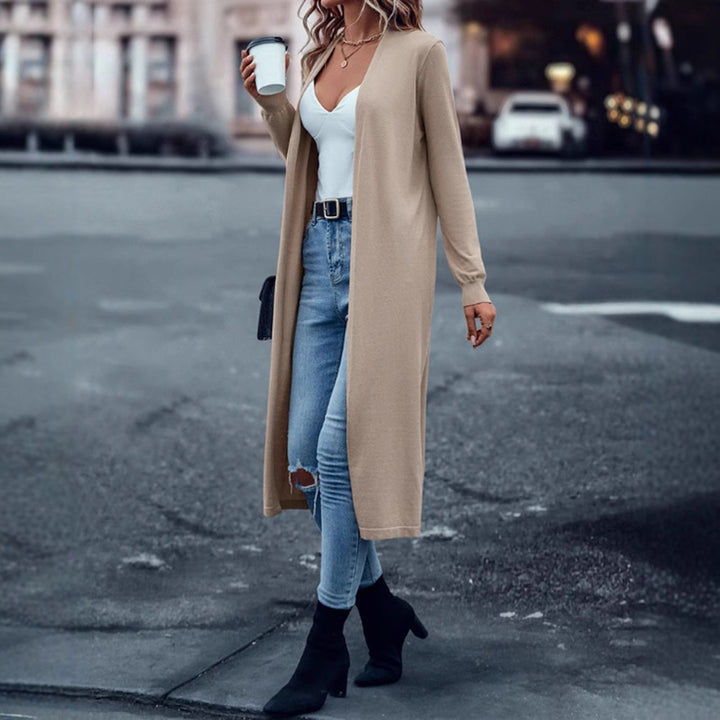 Women's long fine-knit cardigan in duster style with open fall and narrow sleeve section Mune Fashion