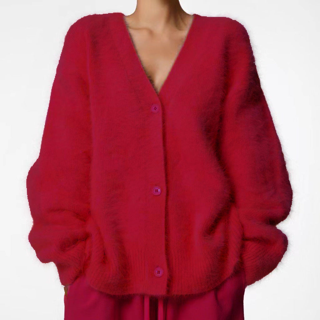 Women's Fluffy Oversize Button Cardigan with Deep V-Neck and Insert Pockets Mune Fashion