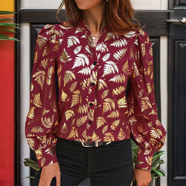 Women's satin blouse with metallic fern print, stand collar & puff sleeves Mune Fashion