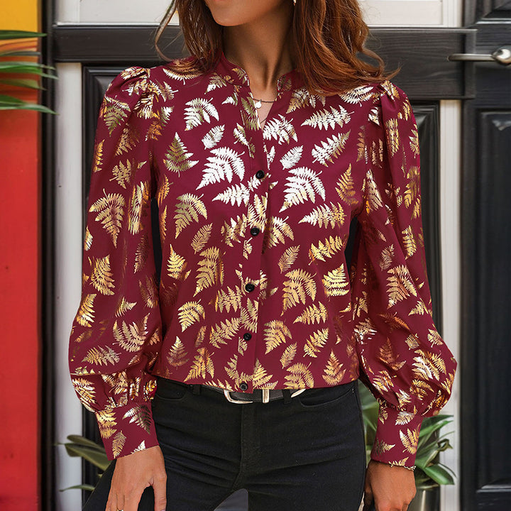 Women's satin blouse with metallic fern print, stand collar & puff sleeves Mune Fashion