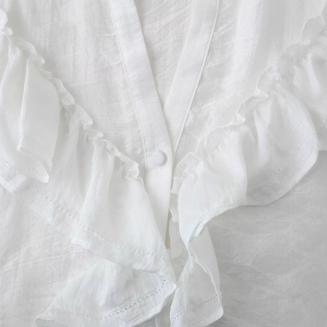 Ladies' romantic ruffle blouse with stand-up collar, concealed button placket, and long sleeve ruffles Mune Fashion