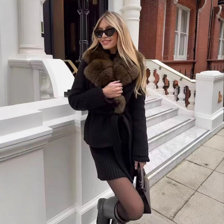 Women's Short Wool Blend Coat with Removable Faux Fur Shawl Collar and Waist Belt Mune Fashion