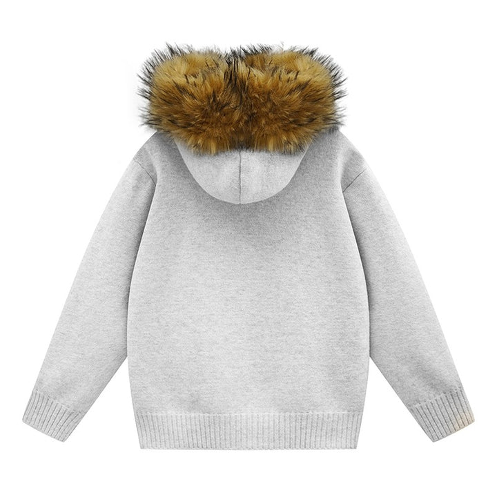 Women's Knit Bomber Jacket with Hood and Removable Faux Fur Trim Mune Fashion
