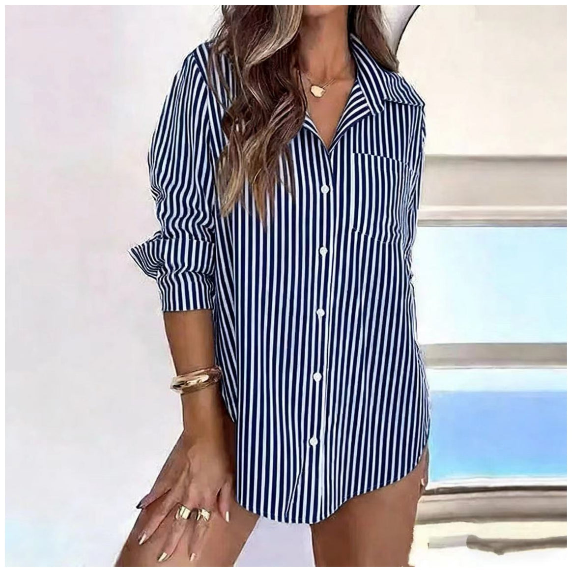 Women Oversized Long Blouse with Vertical Stripes, Chest Pocket and Rolled-Up Sleeves Mune Fashion