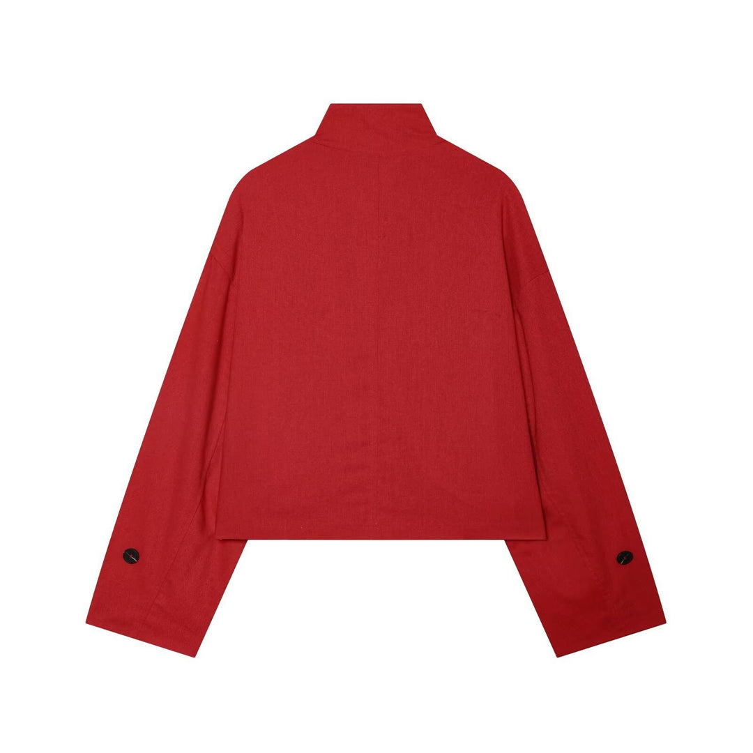 Women's Short Utility Jacket in Cropped Cut with Stand Collar and Shoulder Straps Mune Fashion