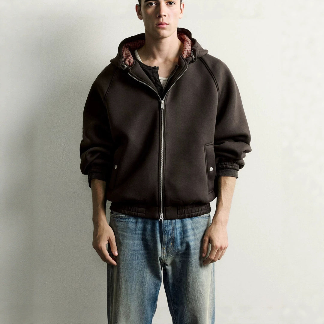 Men's Boxy Hoodie Jacket with Padded Texture and Checkered Lined Hood Mune Fashion