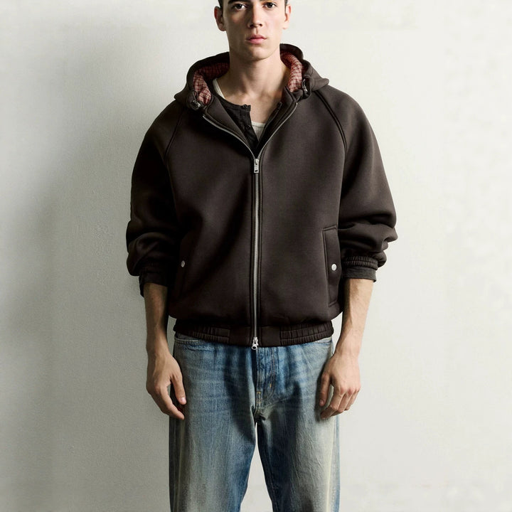 Men's Boxy Hoodie Jacket with Padded Texture and Checkered Lined Hood Mune Fashion