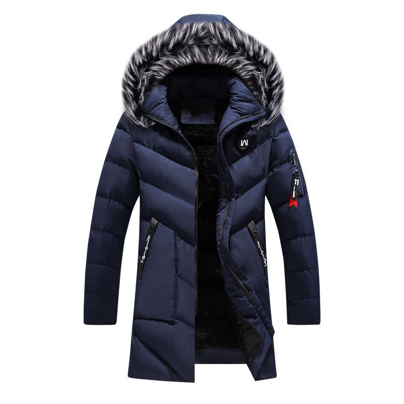 Men's Long Thermal Parka with Faux Fur Hood, Chevron Quilting and Fleece Lining Mune Fashion