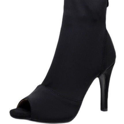 Women's Open Toe Ankle Boots with Stretch Shaft and Slim Stiletto Heel Mune Fashion