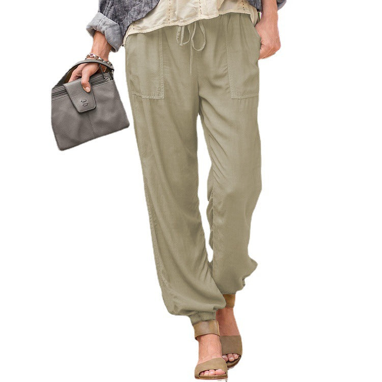 Women casual linen look jogging pants with drawstring, patch pockets and elastic cuffs Mune Fashion