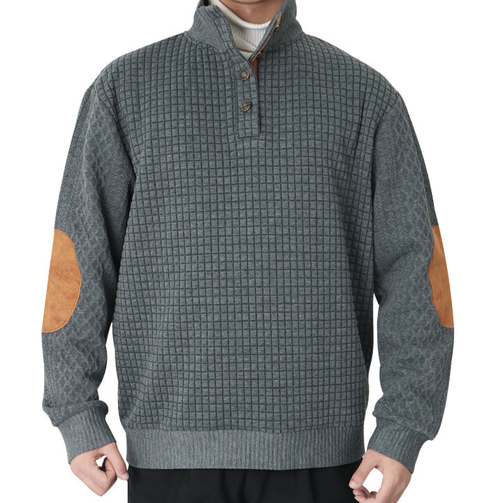 Men's waffle knit half-zip sweater with stand-up collar, leather accents, and elbow patches Mune Fashion