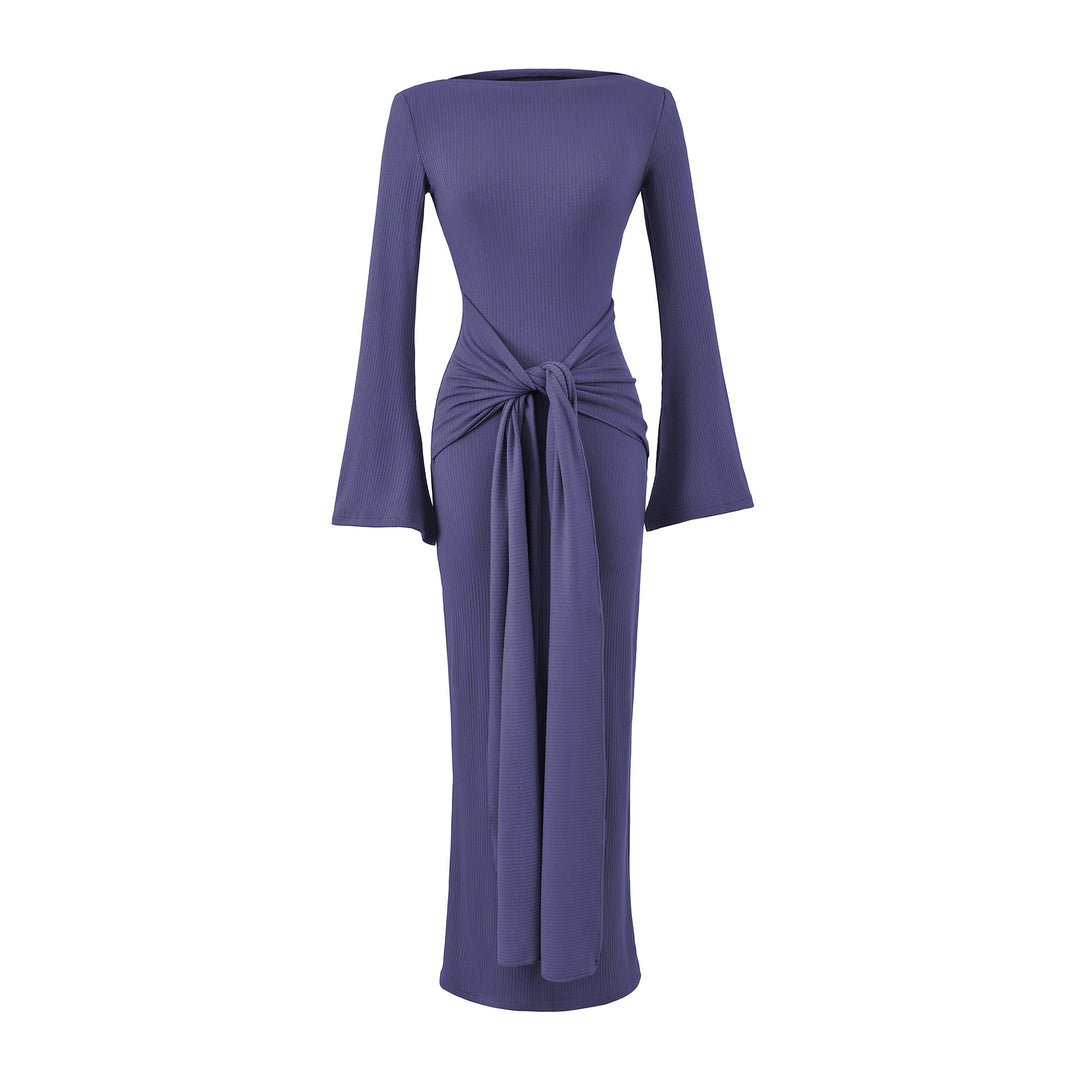 Ladies maxi dress made of ribbed knit with trumpet sleeves and waist knot detail Mune Fashion