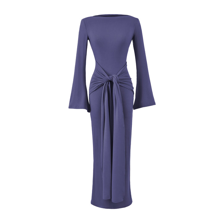 Ladies maxi dress made of ribbed knit with trumpet sleeves and waist knot detail Mune Fashion