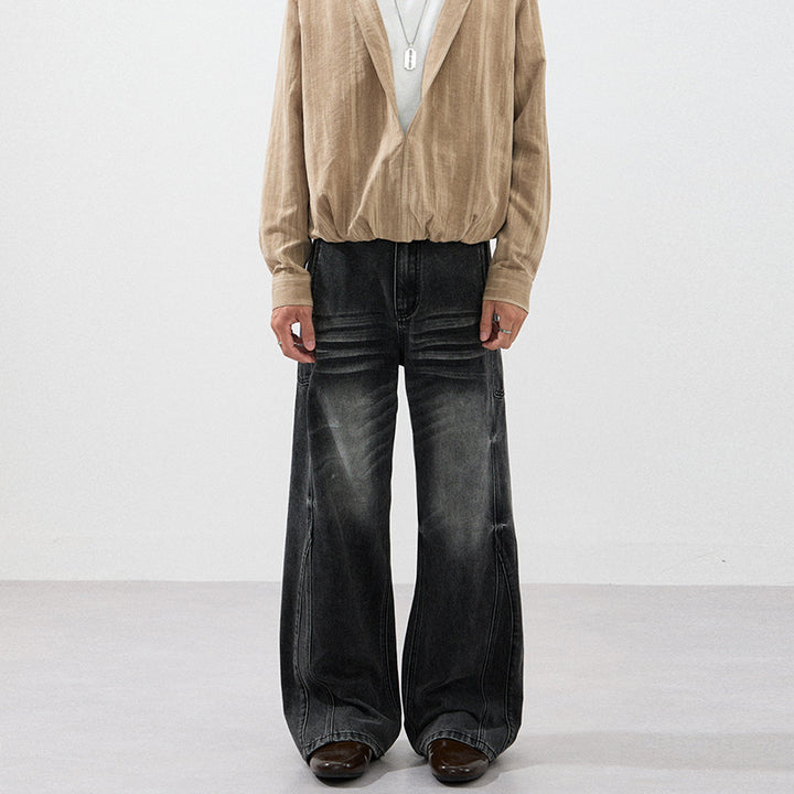 Men's Extra Wide Sculptural Denim Palazzo Pants with Knee Pleats and Seams Mune Fashion