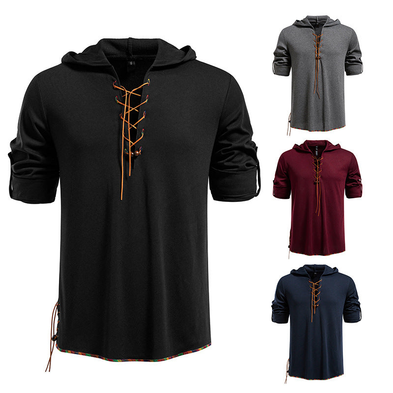 Men's Lightweight Hooded Long Sleeve Shirt with Lace Front and Roll-up Three-Quarter Sleeves Mune Fashion