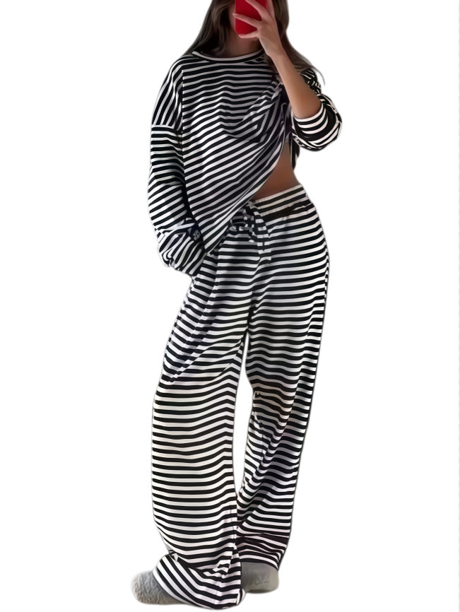 Women's Striped Lounge Set made from a soft cotton blend with wide leg Mune Fashion