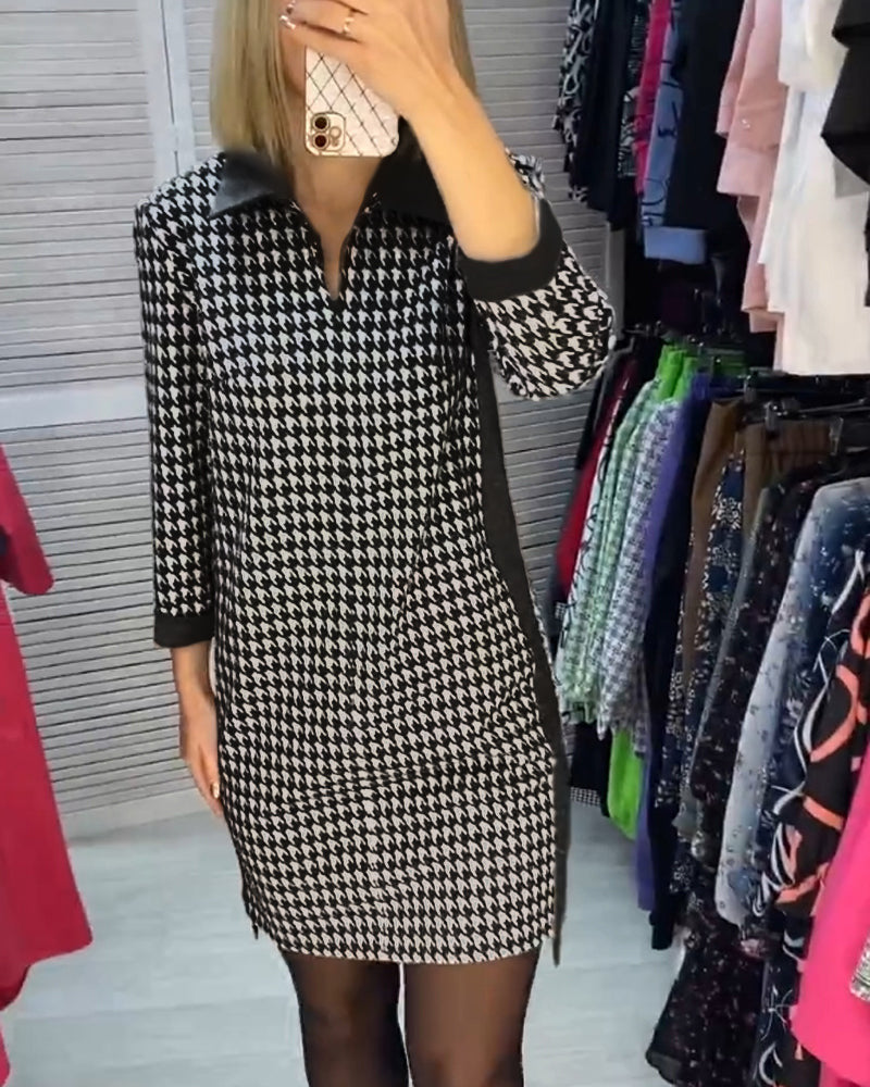 Women houndstooth knit dress with turned-down collar, V-neck, side pockets, and side slits Mune Fashion