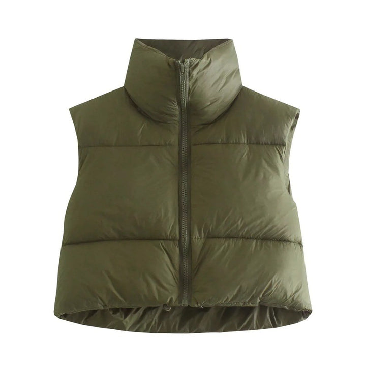 Women's short quilted vest with high stand-up collar, padded thermal filling, and adjustable drawstring hem Mune Fashion