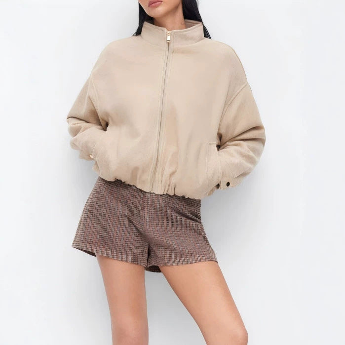 Ladies short-cut suede-look bomber jacket with stand-up collar and elastic hem