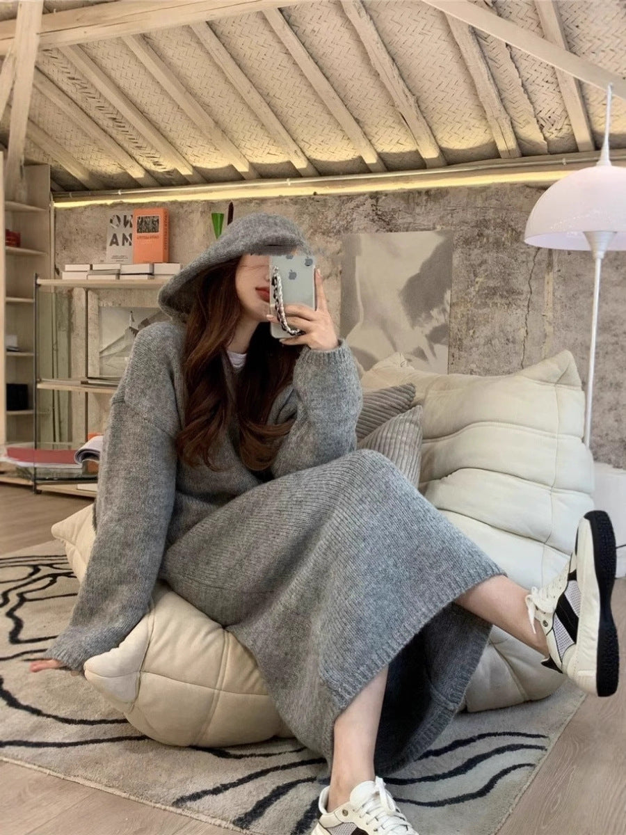 Women Long Hoodie Knit Dress Made of Wool Blend with Relaxed Oversize Silhouette and Ribbed Hem Mune Fashion