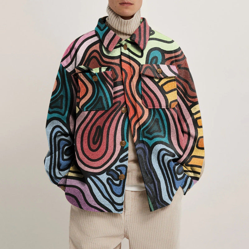 Women’s Oversized Wool-Look Shirt with Asymmetrical Bird Print and Flap Pocket Mune Fashion